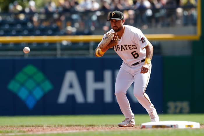 Sep 14, 2023; Pittsburgh, Pennsylvania, USA; Pittsburgh Pirates first baseman Alfonso Rivas (6) fields a ground ball for an out against Washington Nationals left fielder Travis Blankenhorn (not pictured) during the fifth inning at PNC Park. Mandatory Credit: Charles LeClaire-USA TODAY Sports